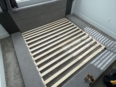 Modern Grey Upholstered Platform King Bed Frame with Slats and King Mattress