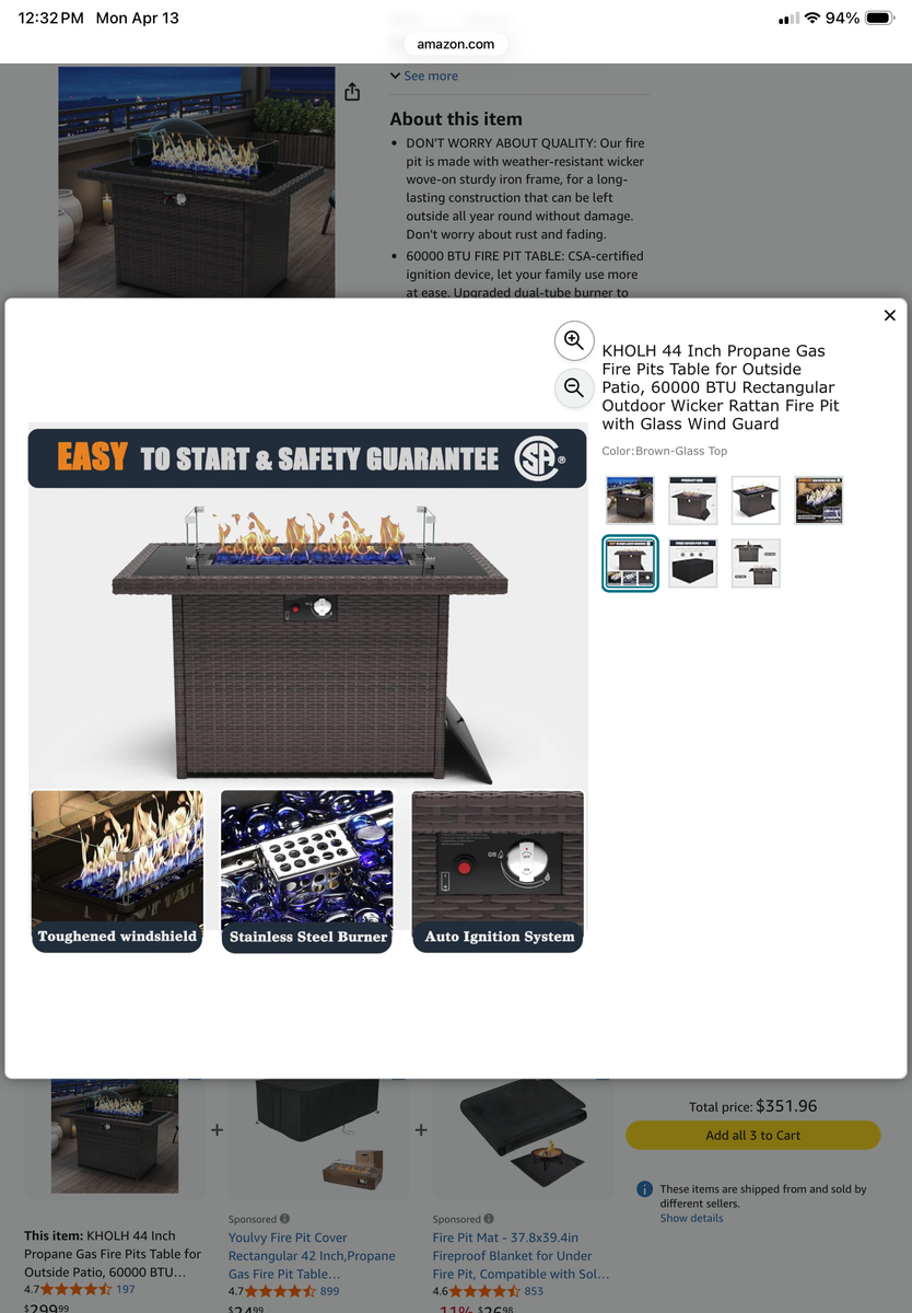 44” Propane Gas Fire Pit   $150