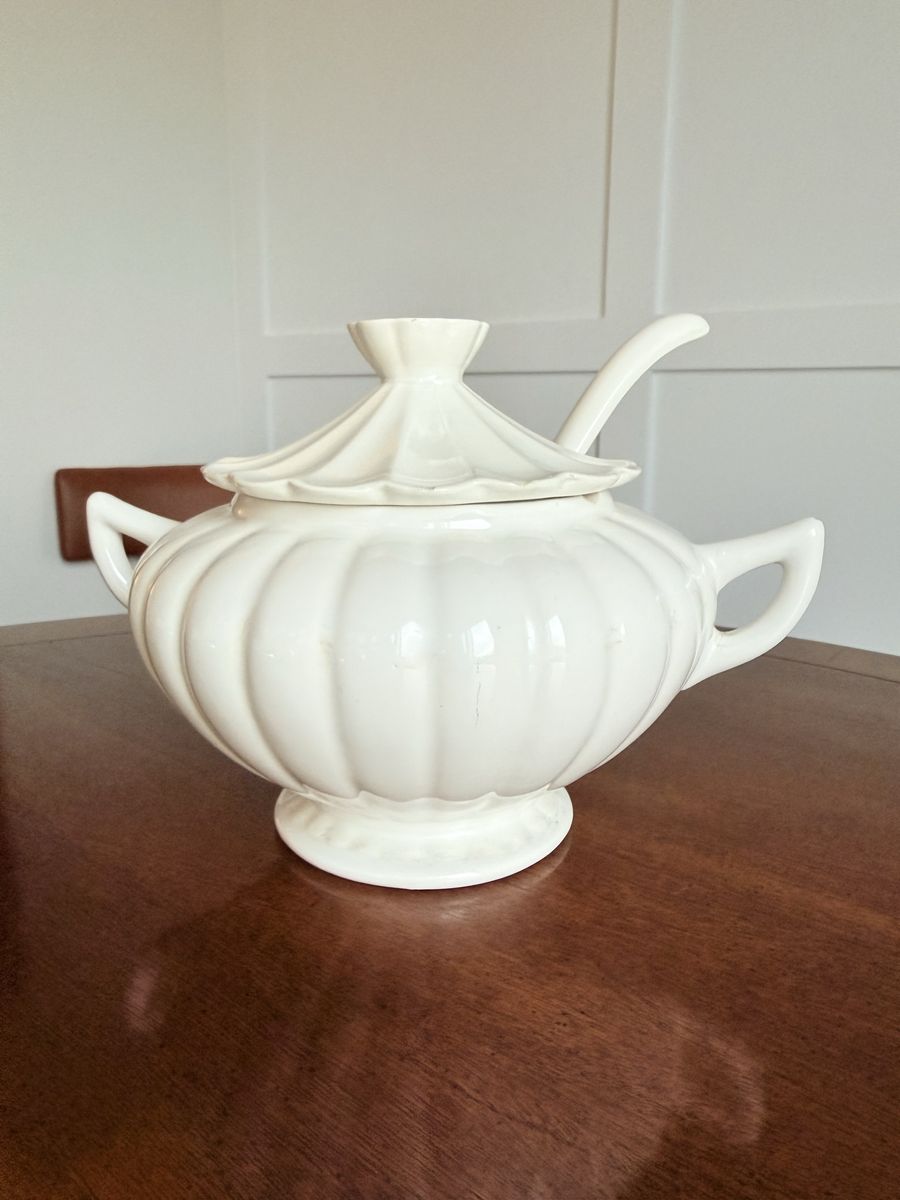 Vintage White Ceramic Soup Tureen with Matching Lid and Ladle