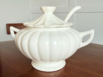 Vintage White Ceramic Soup Tureen with Matching Lid and Ladle