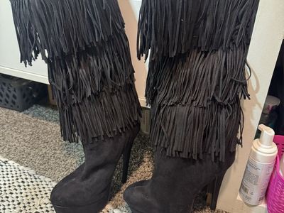 Michael Antonio Black Multi-Tiered Fringe High Heel Platform Boots Size 8