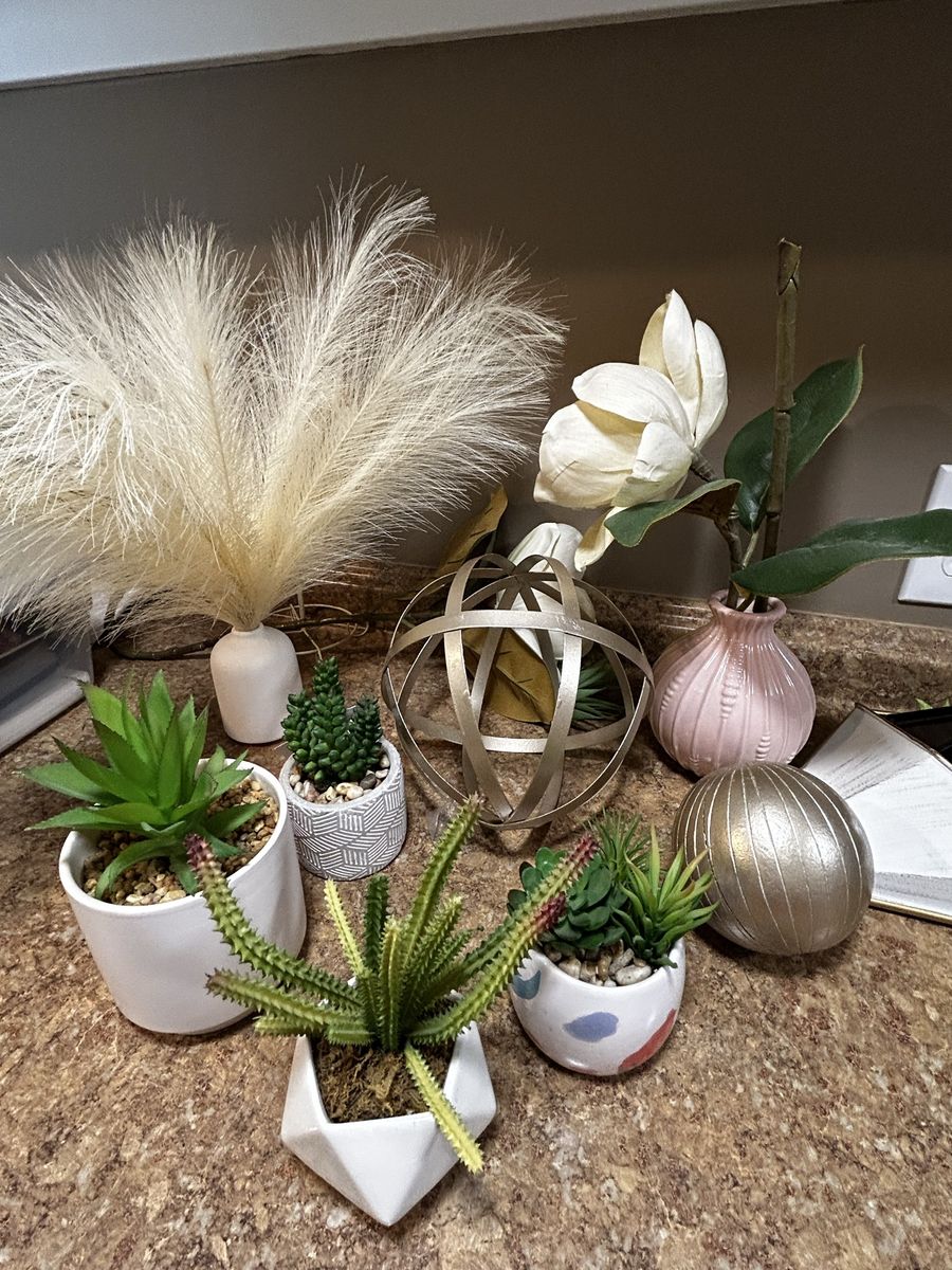 Rustic Farmhouse Decor Bundle: Assorted Faux Plants, Letter 'D' and L Sign, & Vases