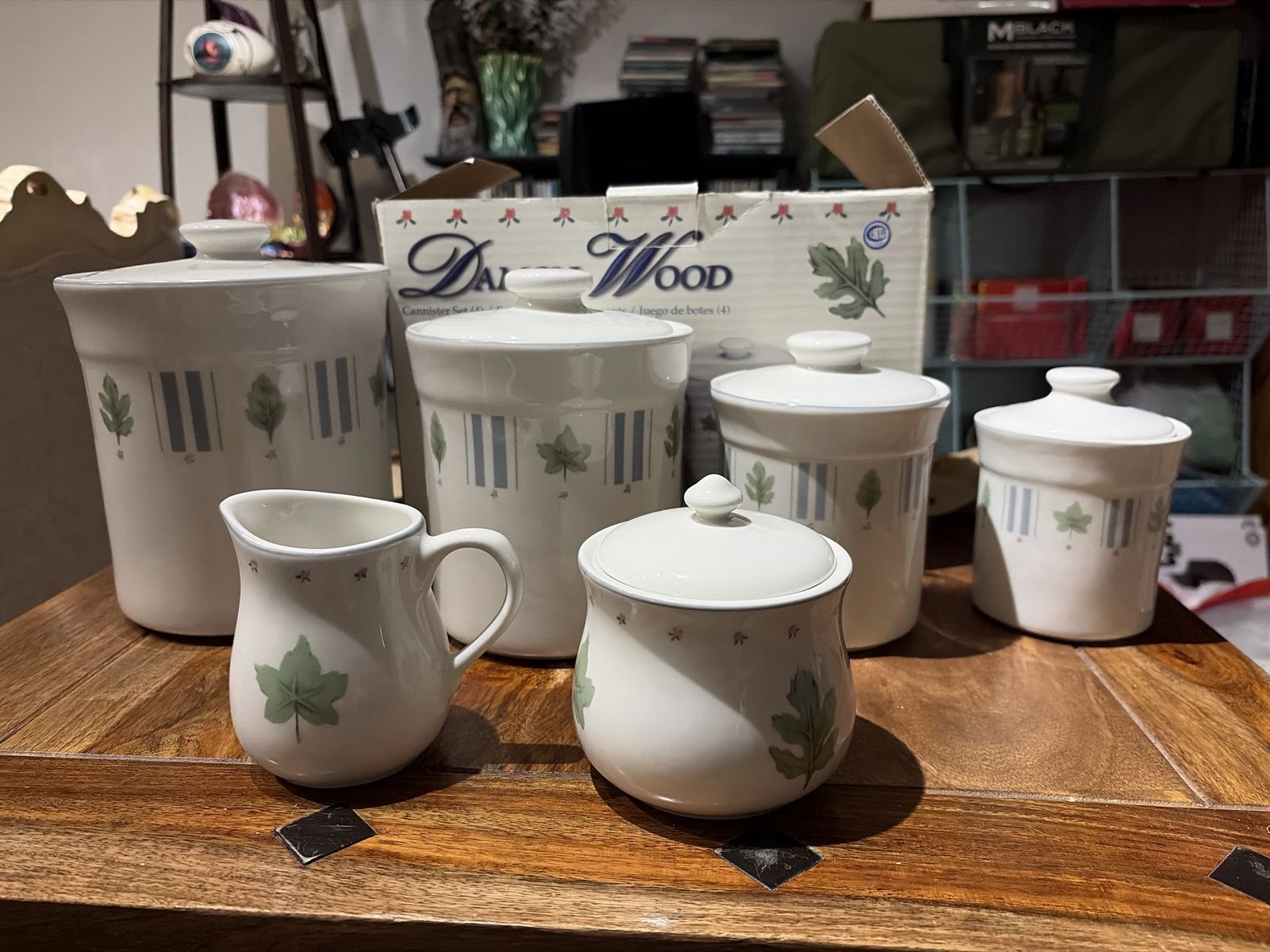 New Stoneware Dalwood Leaf Motif 6-Piece Ceramic Canister & Creamer/Sugar Set - White/Green/Blue