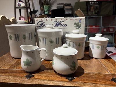 New Stoneware Dalwood Leaf Motif 6-Piece Ceramic Canister & Creamer/Sugar Set - White/Green/Blue