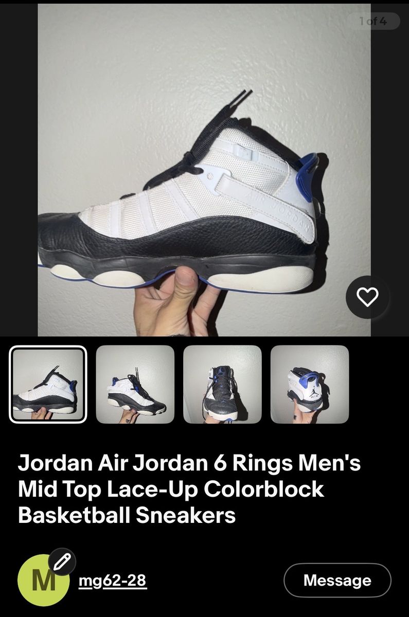 Jordan Air Jordan 6 Rings Men's Mid Top Lace-Up Colorblock Basketball Sneakers White/Black/Blue US 8.5
