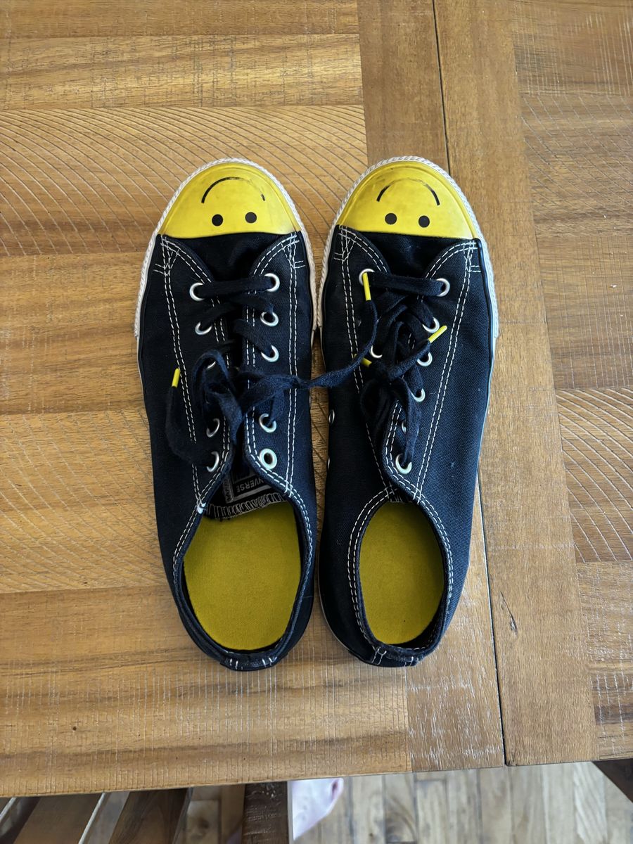 Converse All Star Low Top Black Canvas Shoes with Yellow Smiley Face