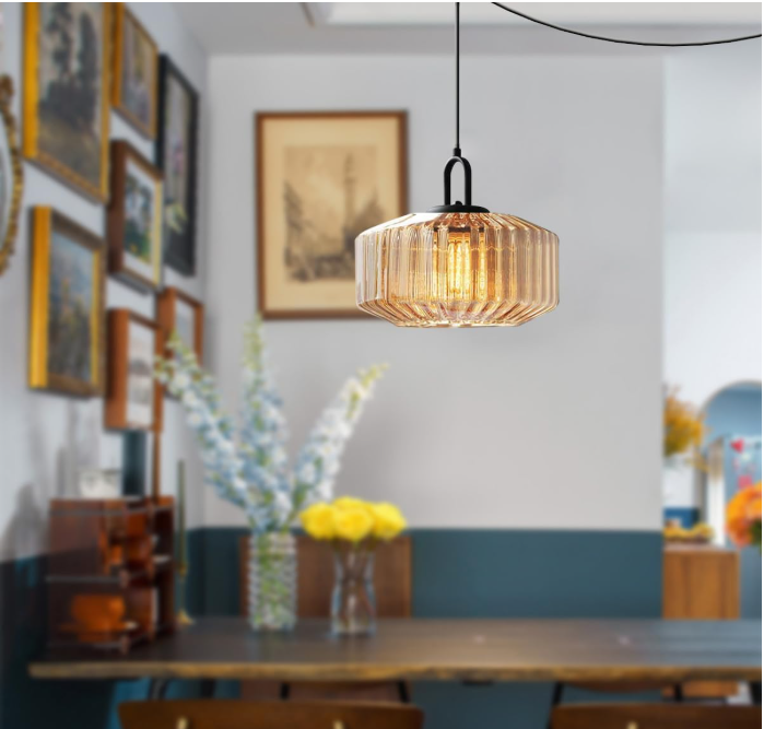 Amber Glass Plug-In Pendant Light – New in Box