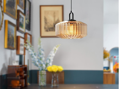 Amber Glass Plug-In Pendant Light – New in Box