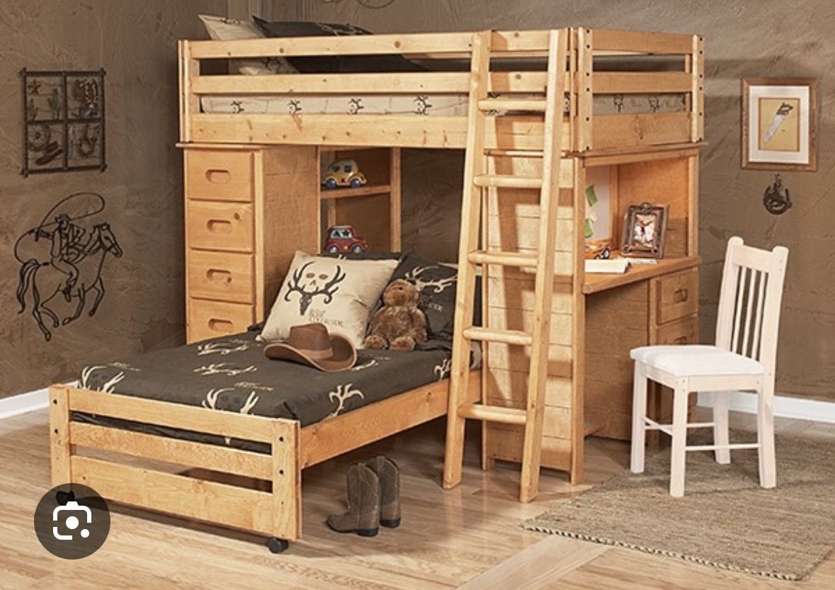 Wooden Bunk Bed with Integrated Desk, Dresser & Twin Bed - Space-Saving Furniture