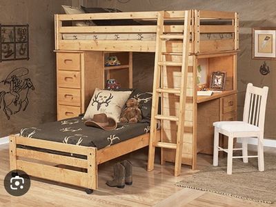 Wooden Bunk Bed with Integrated Desk, Dresser & Twin Bed - Space-Saving Furniture
