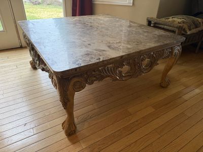 Ornate Carved Wood & Marble Top Coffee Table and End Table- Square Living Room Furniture set of two