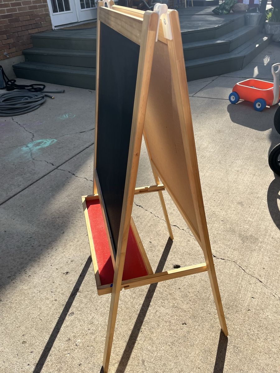 Kids Wooden Art Easel - Double-Sided Whiteboard & Chalkboard with Red Tray, Good Condition