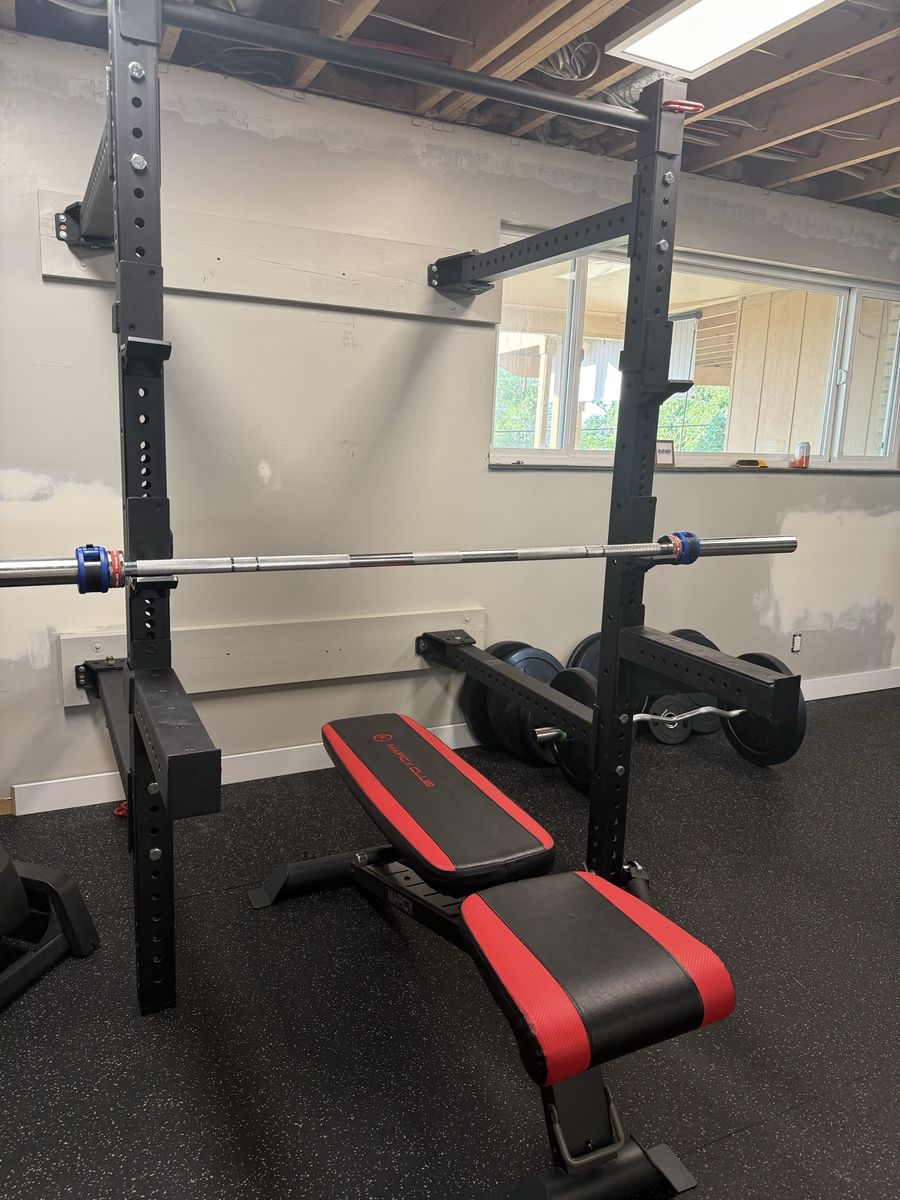 Folding Wall-Mounted Squat Rack + Olympic Bar + Bench + Plates