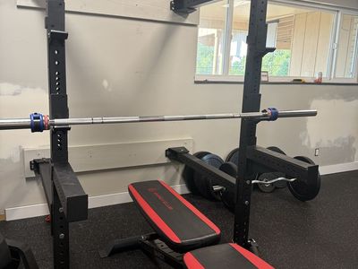 Folding Wall-Mounted Squat Rack + Olympic Bar + Bench + Plates
