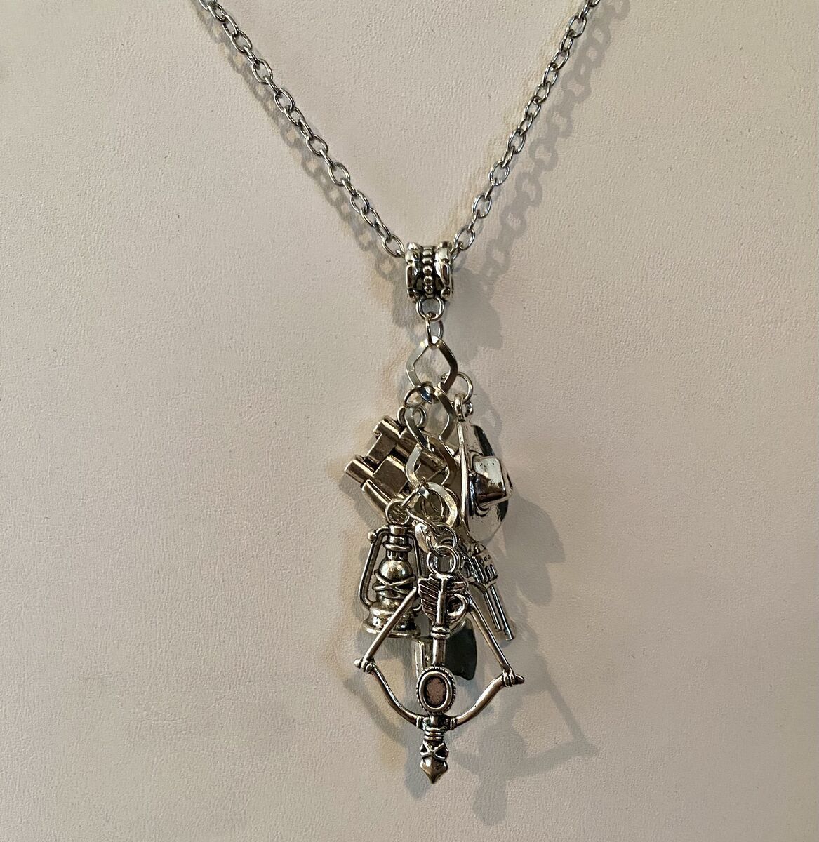 NEW - Explorer/Survivor Charm Necklace - Hat-Binoculars-Bow N Arrow-Revolver-Lantern-Ax - C PIX