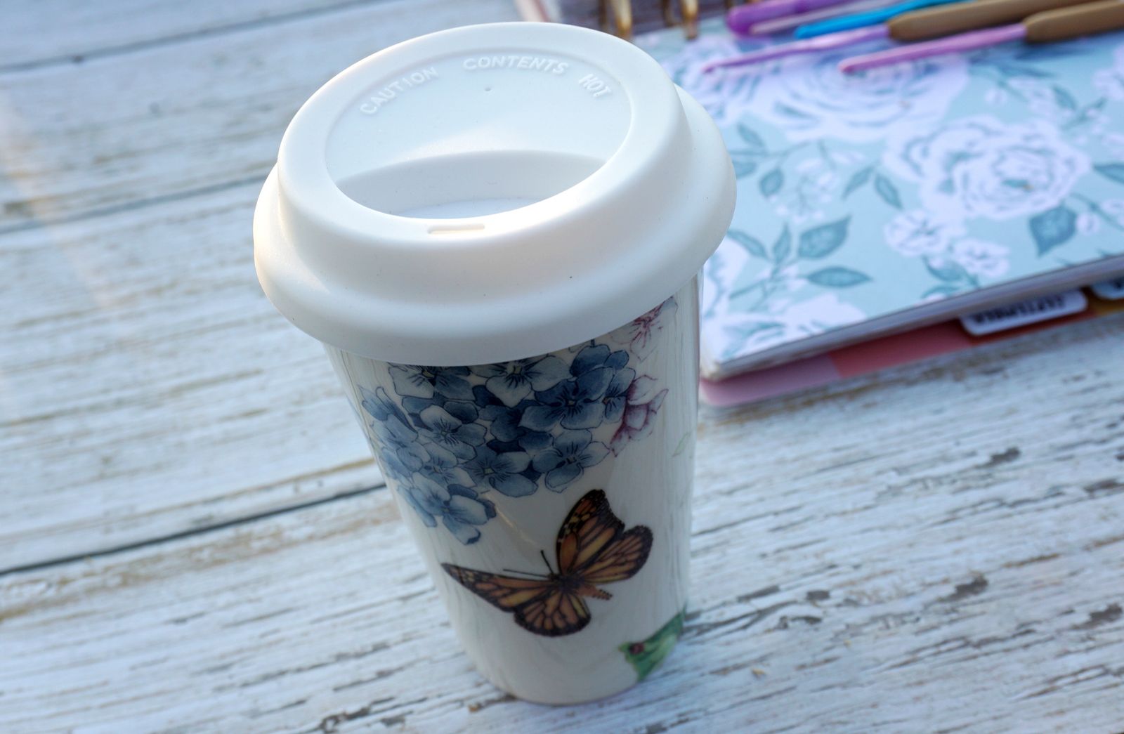Lenox Butterly Meadow Ceramic Travel Mug for Coffee, Tea and Hot Beverages
