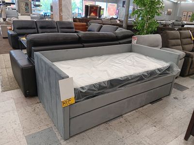 Grey Fabric Daybed with Trundle - Space-Saving Sofa and Guest Bed Solution