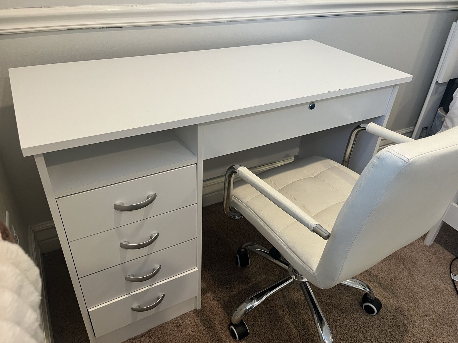 White Office Desk with Storage Drawers and Matching Rolling Swivel Chair Set