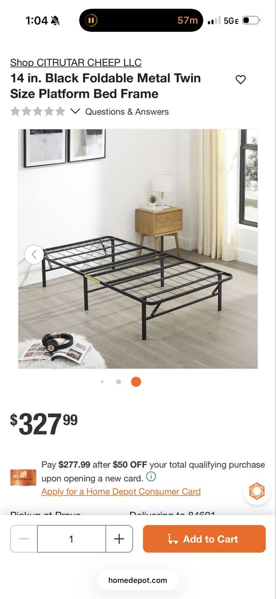14-Inch Twin Black Solid Steel Foldable Bed Frame