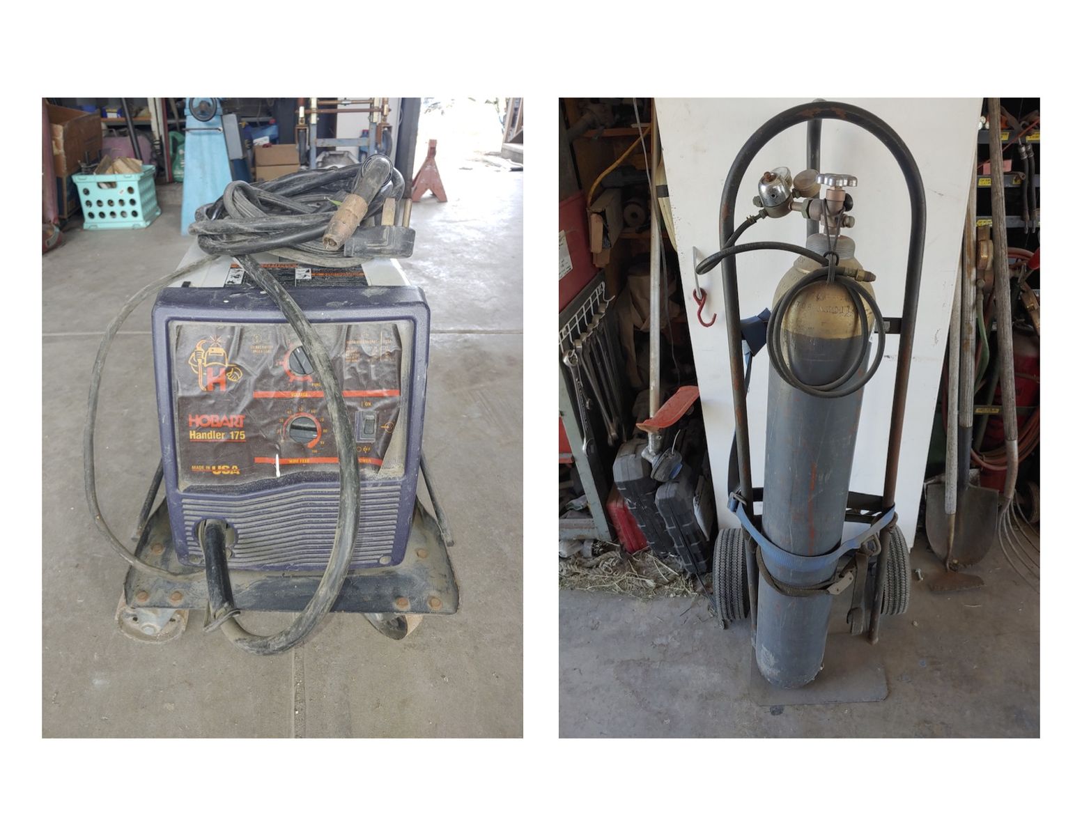 Hobart Handler 175 Mig Welder w/ Argon Gas 200CF Cylinder with Dual Head Regulator / Hose & Dolly