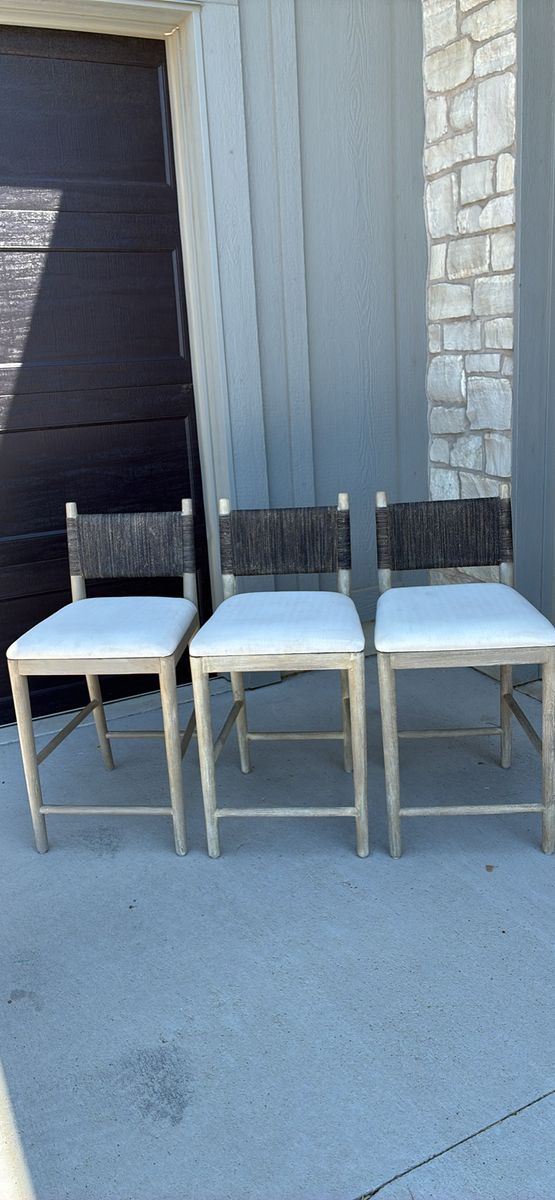 Set of 3 Woven Back Counter Stools with Upholstered Cushions