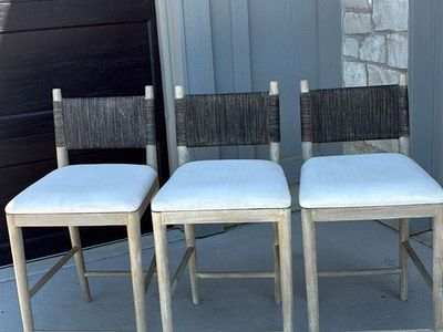 Set of 3 Woven Back Counter Stools with Upholstered Cushions