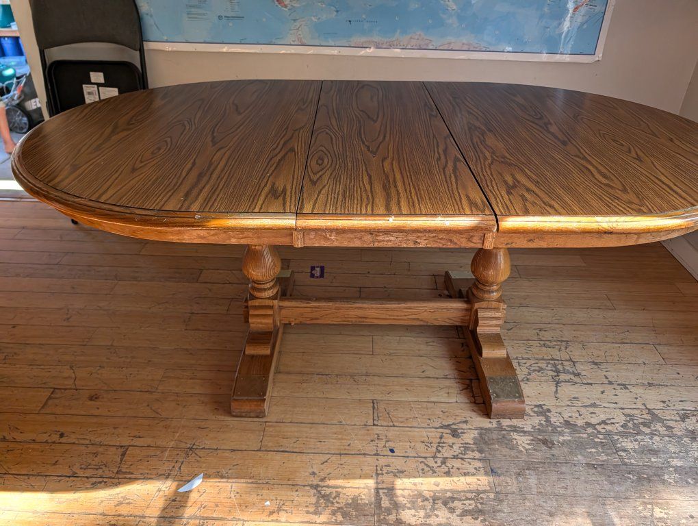 Red Oak Solid Oval Wood Dining Table with Two Leaves and Pedestal Base