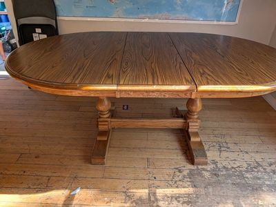 Red Oak Solid Oval Wood Dining Table with Two Leaves and Pedestal Base