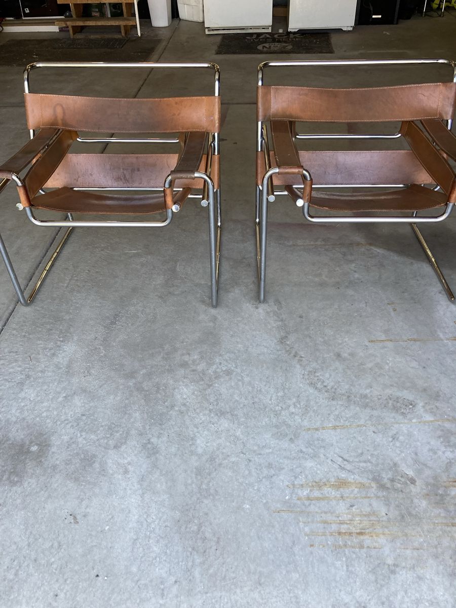 Wassily Style B3 Chairs - Brown Leather & Chrome Frame (Pair)
