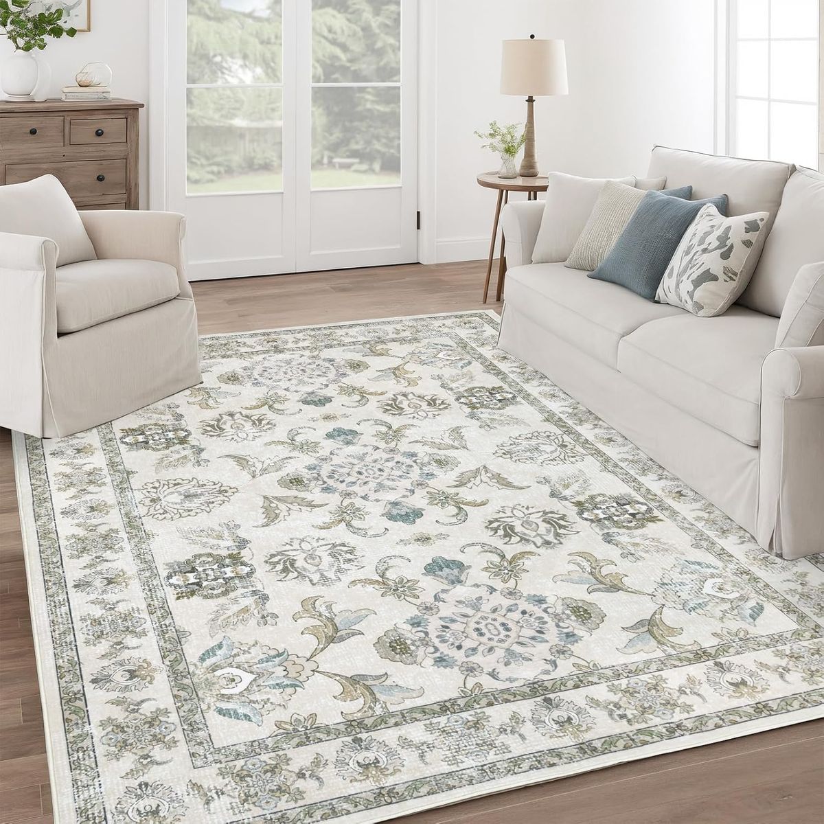 NEW 8x10 Washable Area Rugs Beige and Sage Green Vintage Boho Botanical Floral Farmhouse Rug
