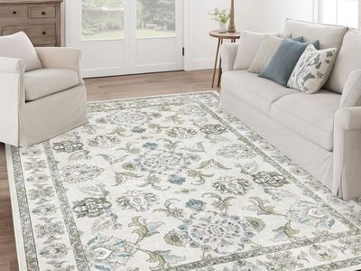 NEW 8x10 Washable Area Rugs Beige and Sage Green Vintage Boho Botanical Floral Farmhouse Rug