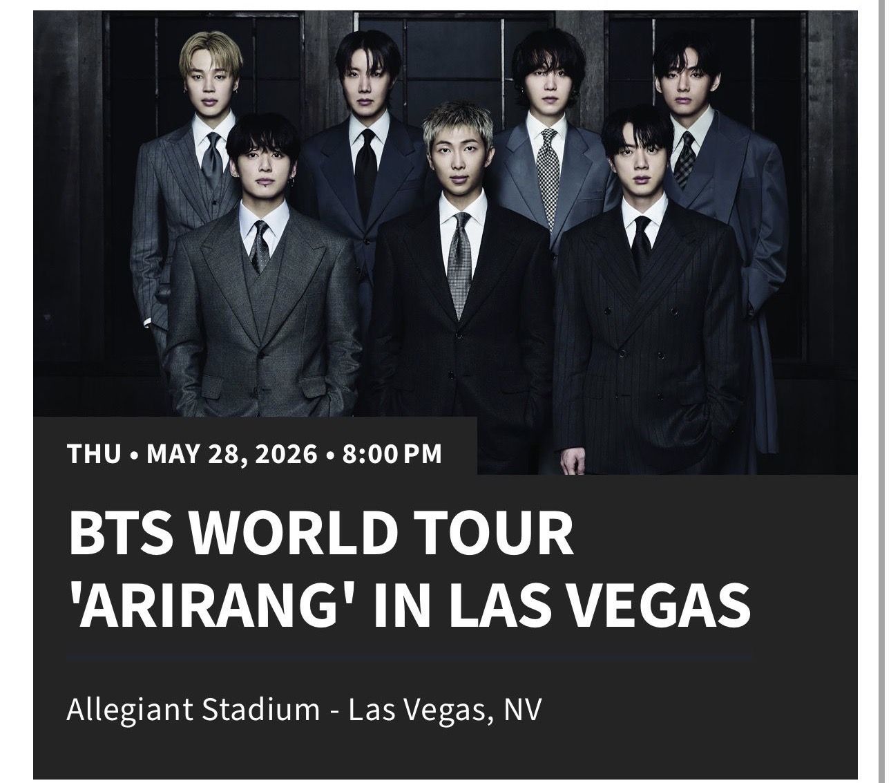 BTS World Tour Arirang May 28, 2026 Las Vegas  (Price Is For 2 Tickets )