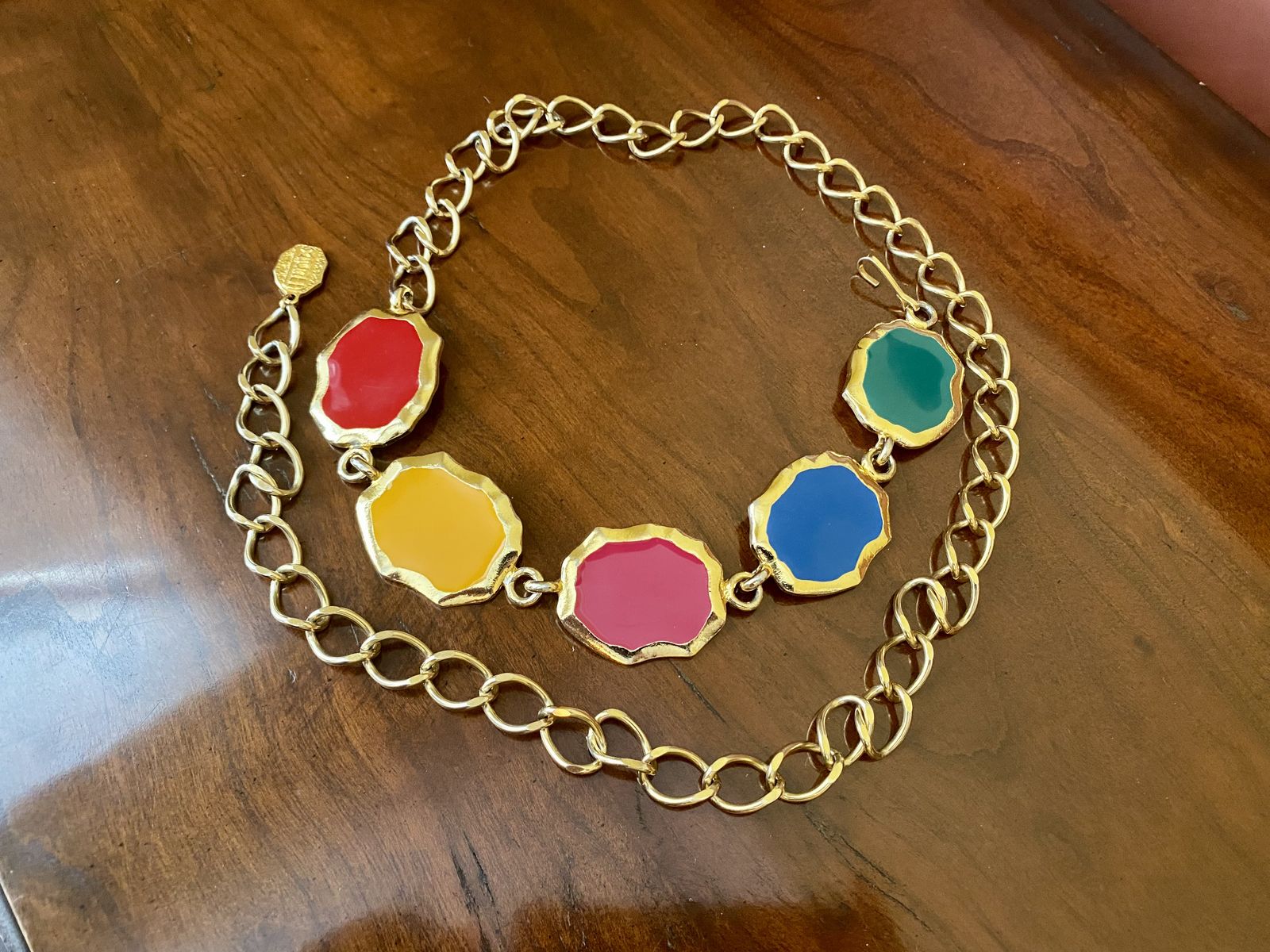 Vintage 80s and 90s UNITS Gold Adjustable Belt W/ Colorful Enamel Shapes Approx 38” C PX
