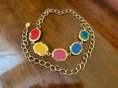 Vintage 80s and 90s UNITS Gold Adjustable Belt W/ Colorful Enamel Shapes Approx 38” C PX