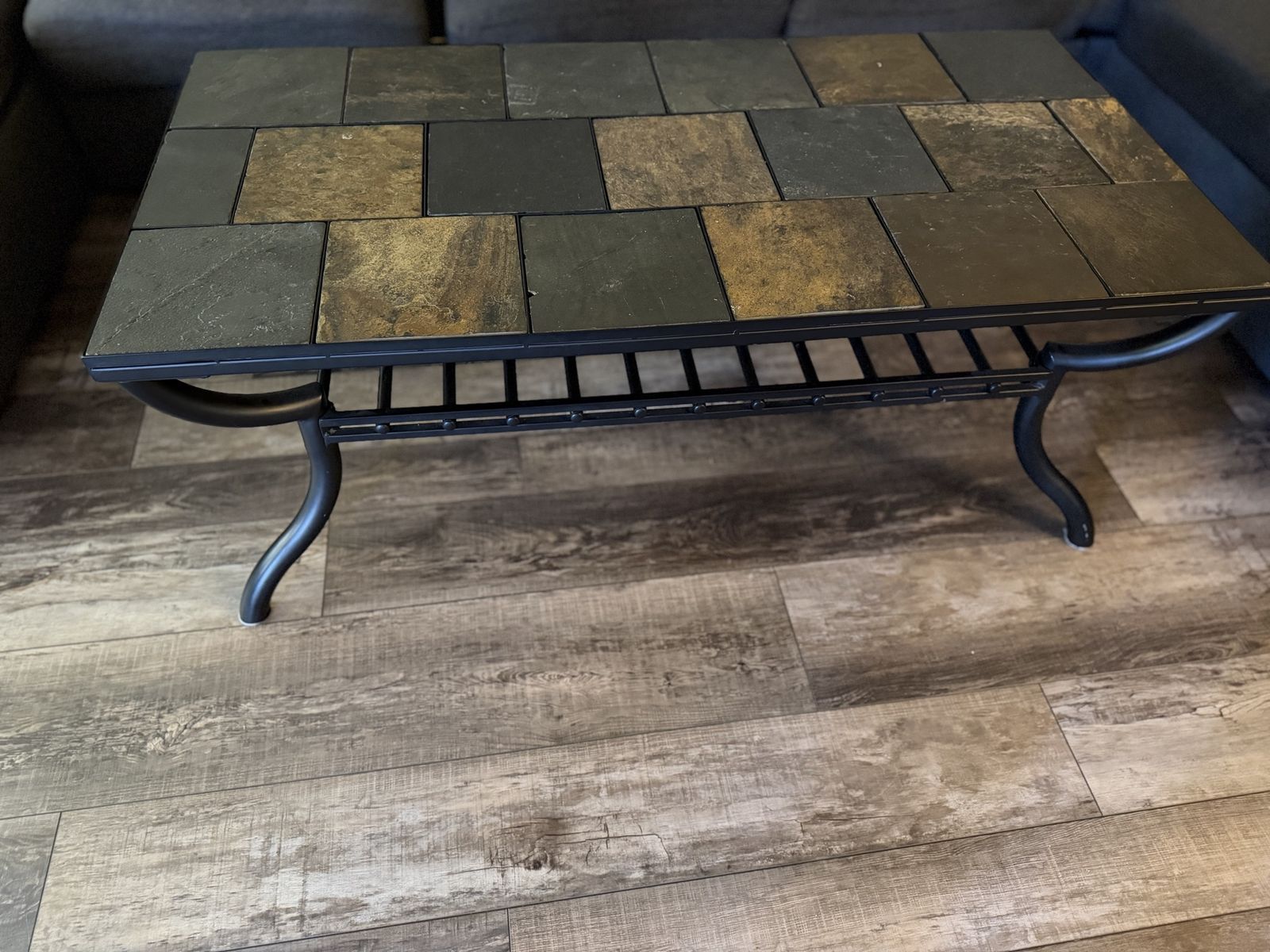 Slate Tile Top Coffee Table - Rustic Black Metal Frame Living Room Furniture
