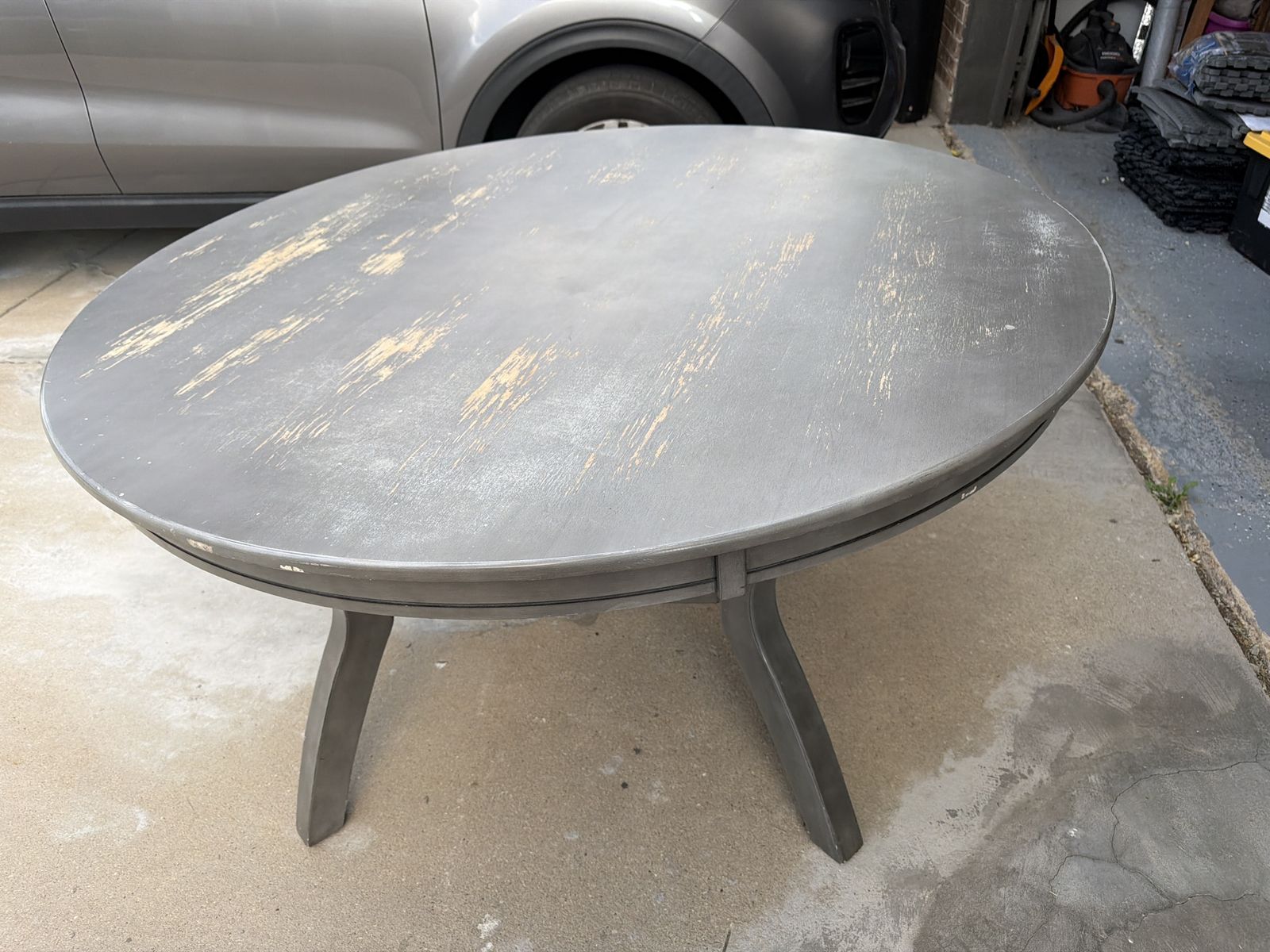 Round Gray Distressed Dining Table - Needs Refinishing, Sturdy Base