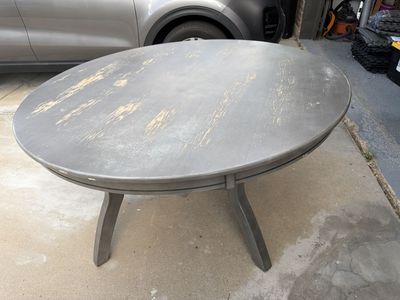 Round Gray Distressed Dining Table - Needs Refinishing, Sturdy Base