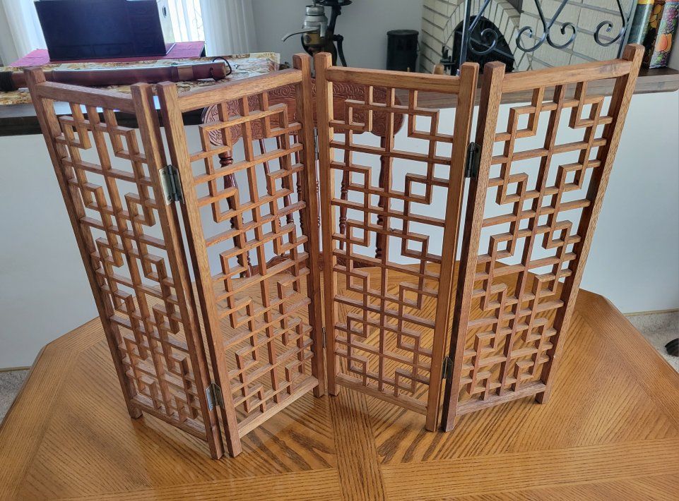 Vintage Japanese Wooden Screen Room Divider Decor, 4-Panel.