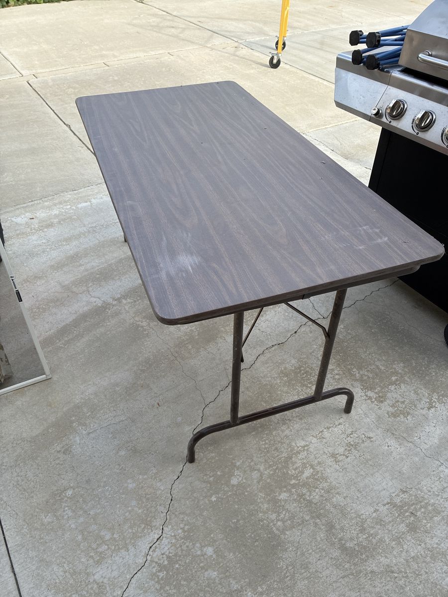 Brown Wood-Grain Folding Table with Metal Legs