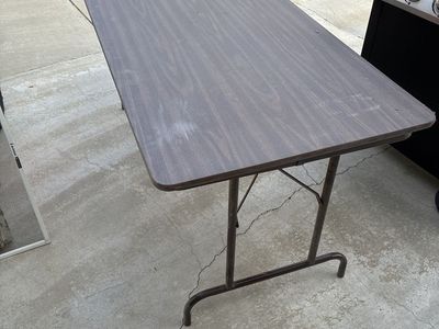 Brown Wood-Grain Folding Table with Metal Legs