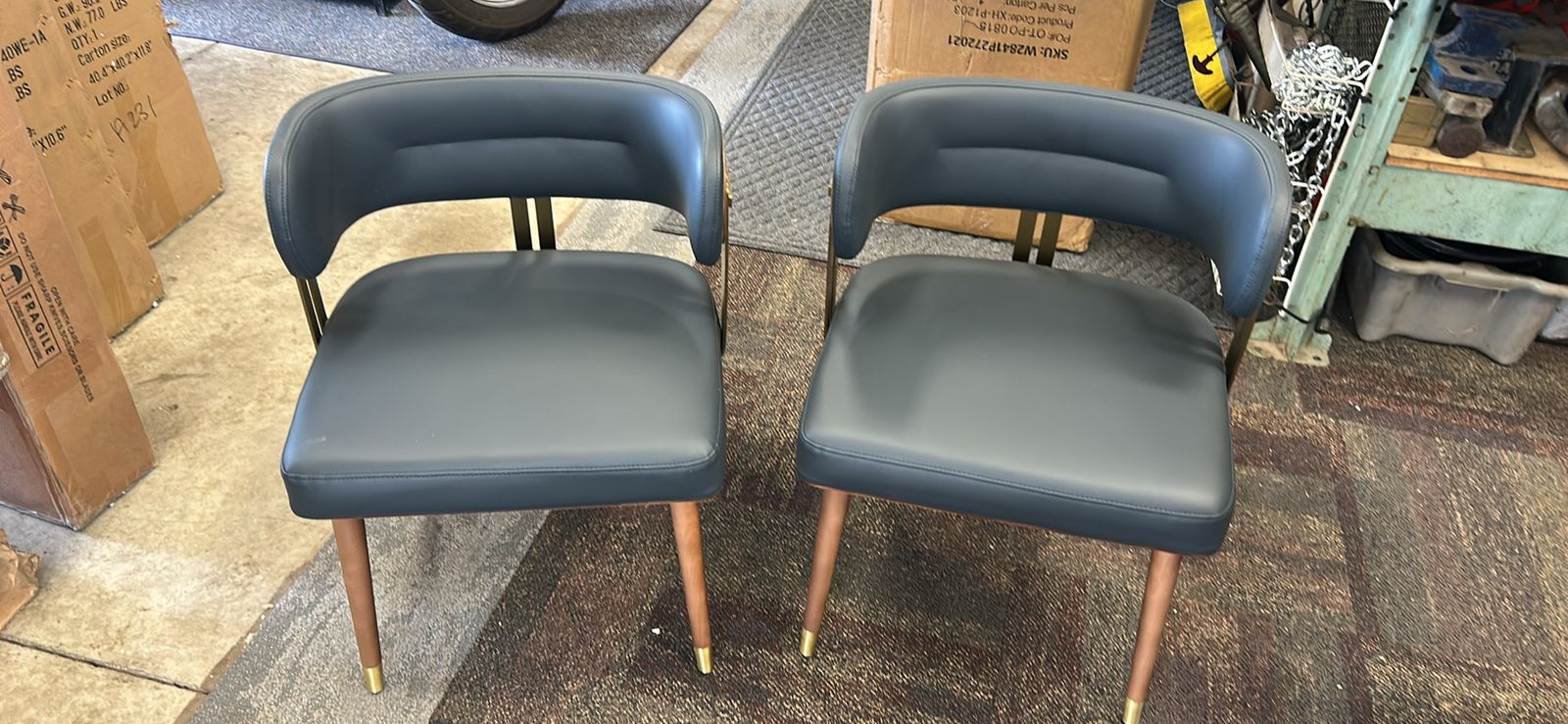 2 Modern Navy Blue Faux Leather Dining Chairs with Walnut Wood & Gold Accents