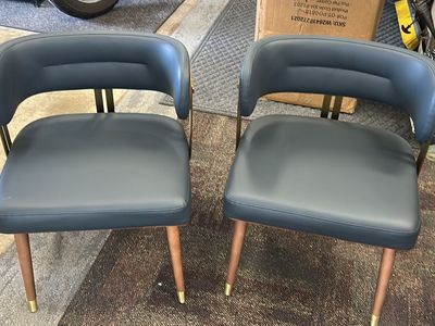 2 Modern Navy Blue Faux Leather Dining Chairs with Walnut Wood & Gold Accents