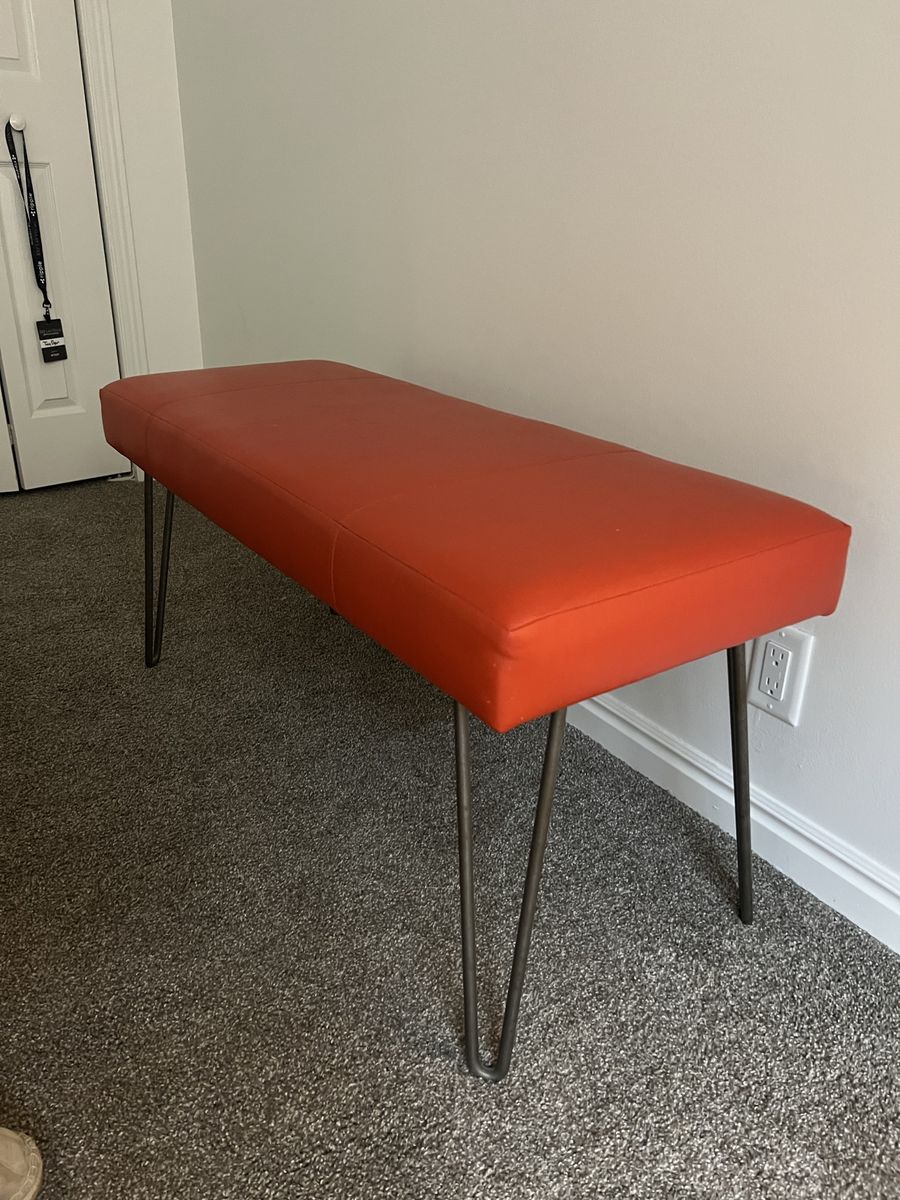Red Faux Leather Bench with Metal Hairpin Legs