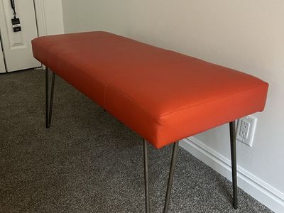 Red Faux Leather Bench with Metal Hairpin Legs