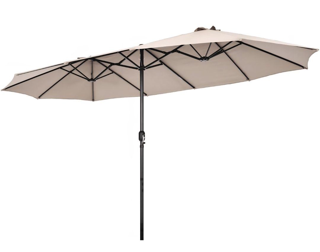 New in Box 15ft Double Sided Beige Patio Umbrella w/ Crank