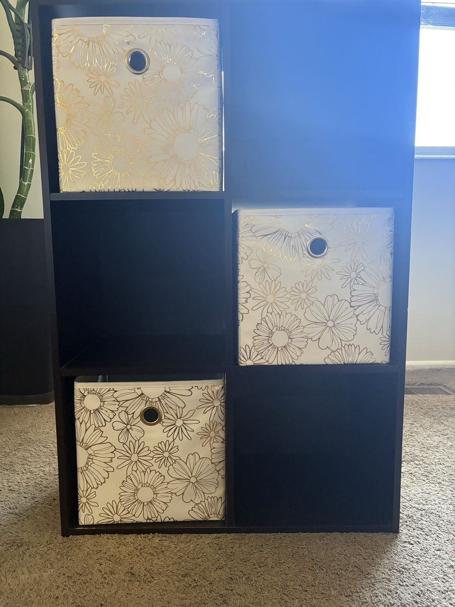 Set of 3 White and Gold Floral Cube Storage Bins Organizers