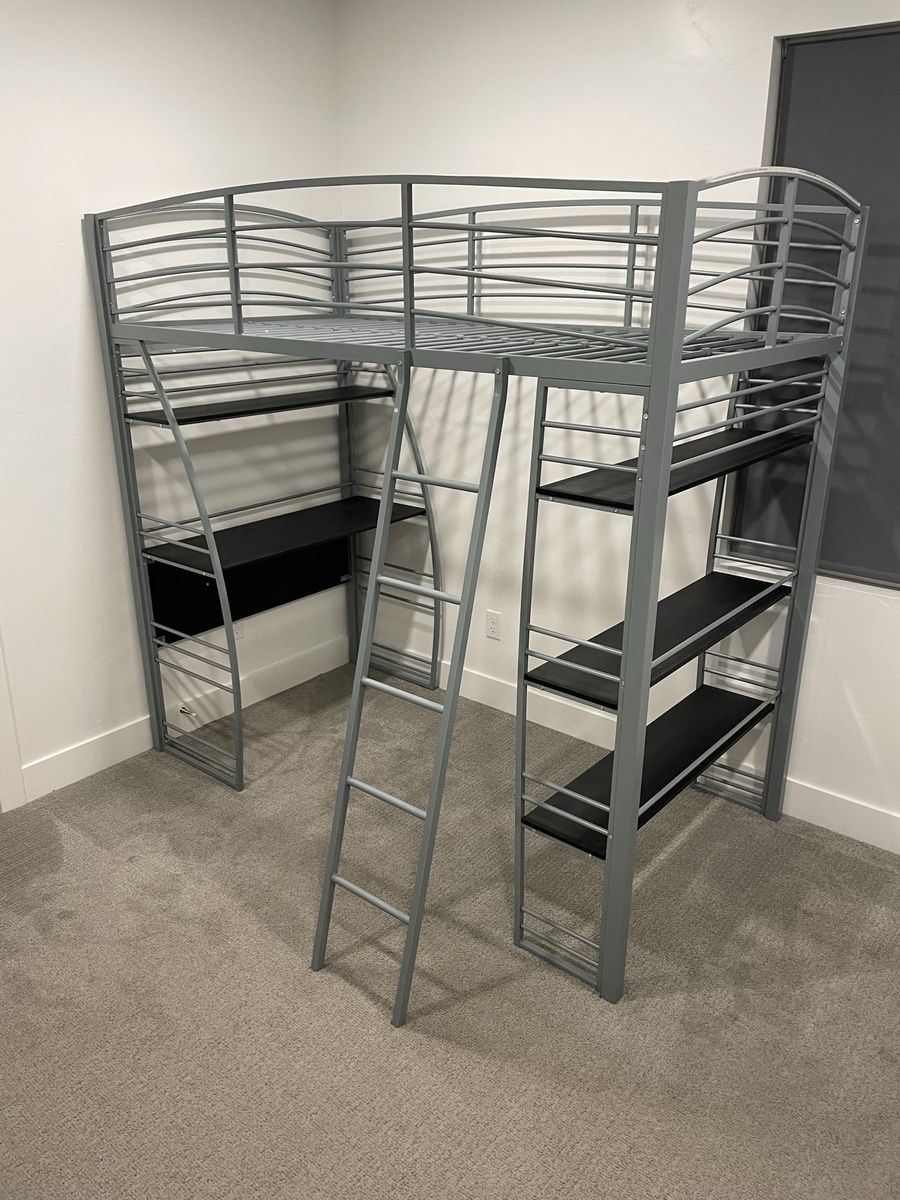 Gray Metal Twin Loft Bed Frame with Built-In Desk and Storage Shelves