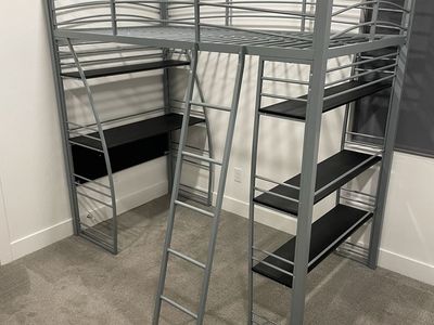 Gray Metal Twin Loft Bed Frame with Built-In Desk and Storage Shelves