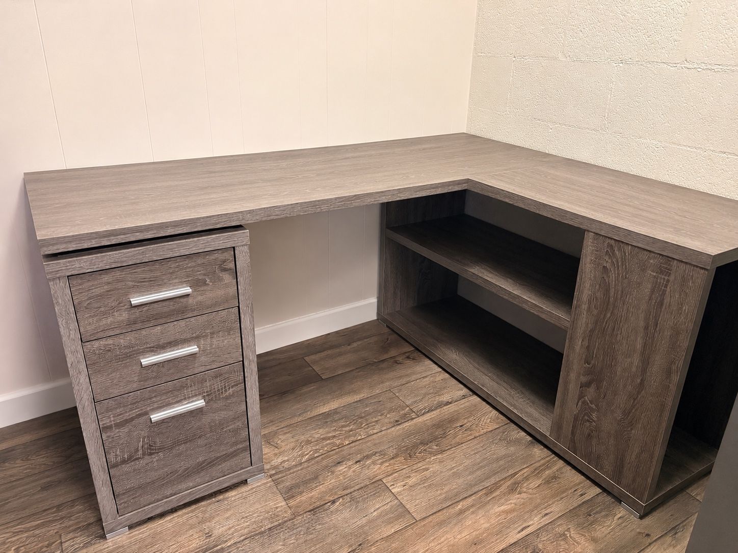 L-Shaped Corner Desk with 3 Drawers and Open Shelving - Grey Wood Finish