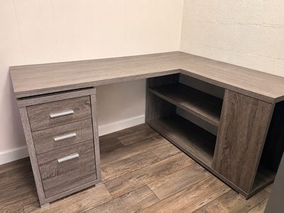 L-Shaped Corner Desk with 3 Drawers and Open Shelving - Grey Wood Finish